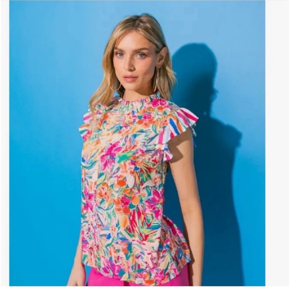 Flying Tomato Colorful Ruffle Floral Print Top Sizes Small-Large - Picture 3 of 12